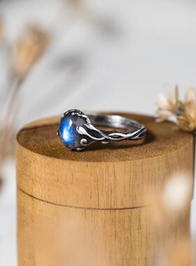 天然蓝色宝石拉长石树枝戒指纯银