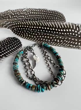 纳瓦霍天然绿松石手链羽毛纯银