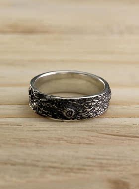 自然树皮钻石点缀纯银结婚戒指