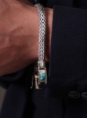 绿松石宝石龙骨链男士纯银手链