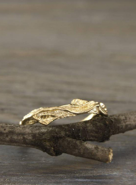 情侣14K金复古自然树枝结婚戒指