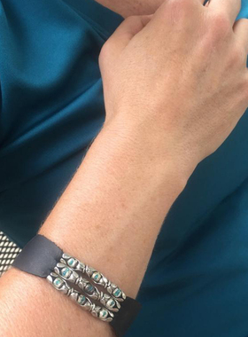 复古情侣纯银黑色皮革手镯绿松石