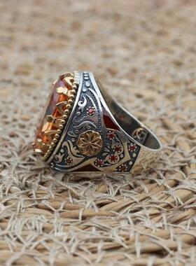 精致气质橙色托帕石925k纯银男士