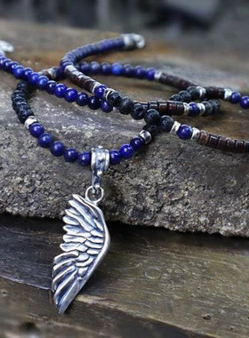 纯银男士青金石碧玉熔岩翅膀项链