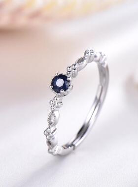 天然蓝色宝石圆形切割可调节戒指