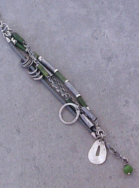 纯银波西米亚绿色软玉银链手链