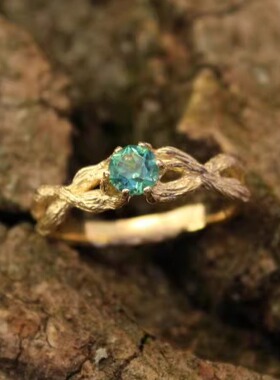 女14K黄金复古绿色石英宝石戒指