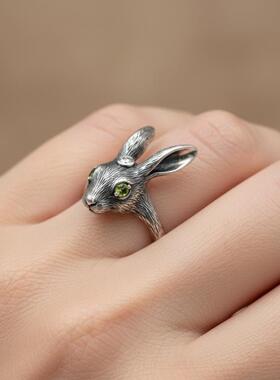 兔子橄榄石宝石镶嵌氧化纯银戒指