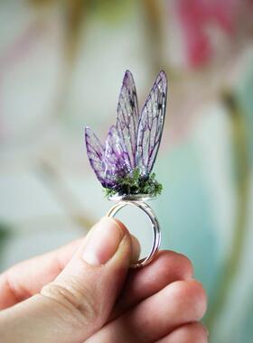 粉红色仙女翅膀蝴蝶精灵之翼戒指