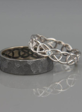 情侣14K白金海蓝宝石镶嵌对戒指