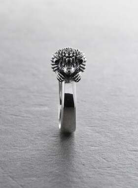 刺猬小动物立体氧化纯银戒指复古