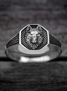 狼动物立体银色印章戒指纯银男士