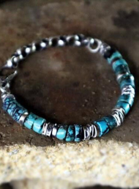 纯银原始天然绿松石宝石手链银链