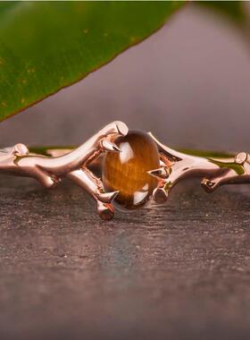 女复古天然虎眼石戒指镶嵌树枝