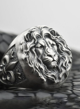 男士纯银复古狮子头戒指锚印章