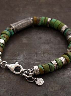 天然绿松石串珠氧化纯银复古手链