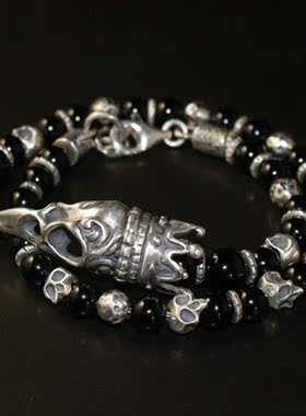 黑色玛瑙鸟头骨骷髅手链纯银情侣