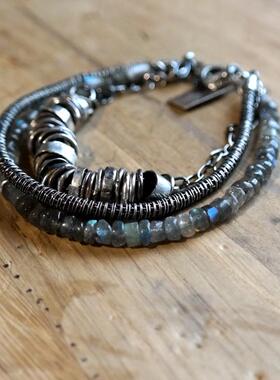 情侣925纯银拉长石宝石叠戴手链