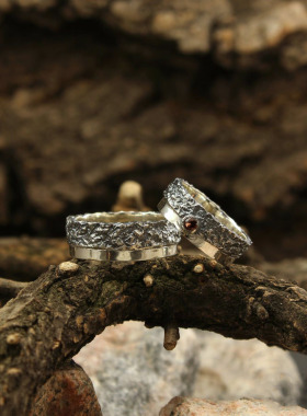 天然石榴石锤纹纯银结婚对戒戒指