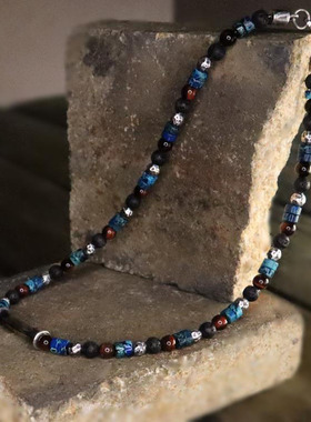 纯银情侣蓝碧玉黑色熔岩串珠项链