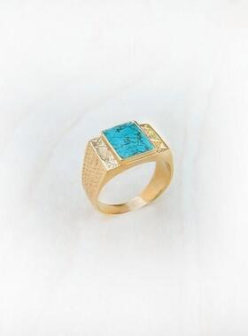 希腊代购Turquoise㊣ 手作华丽绿松石宝石图章镶嵌14K金男士戒指