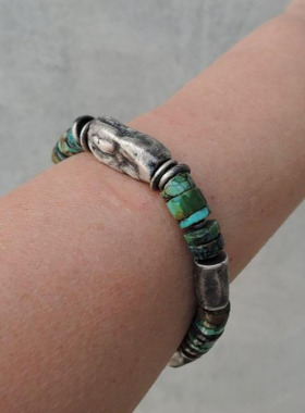 纯银复古天然绿松石手链宝石串珠
