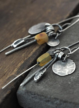 复古纯银女波罗的海黄色琥珀耳环
