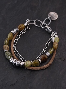 绿色石榴石皮革银珠纯银叠戴手链