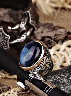 蓝色虎眼石宝石戒指纯银复古情侣