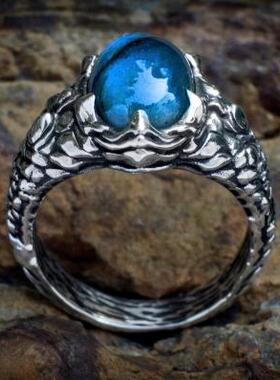 龙爪鳞片拉长石宝石镶嵌纯银戒指