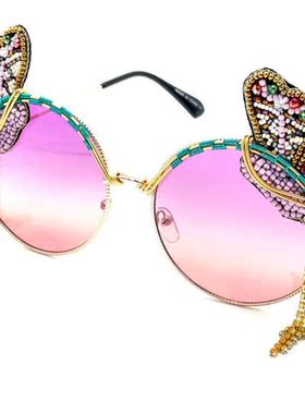 美国代购手作紫粉渐变蝴蝶链条镜