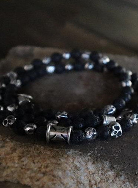 男士氧化纯银黑色熔岩串珠手链