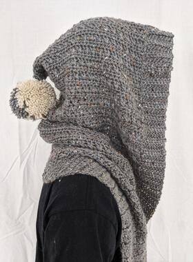 Scarf美国代购 手作迷人复古带口袋温暖灰色毛线编织连帽围巾