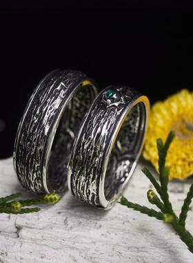 情侣纯银绿色碧玺宝石镶嵌戒指