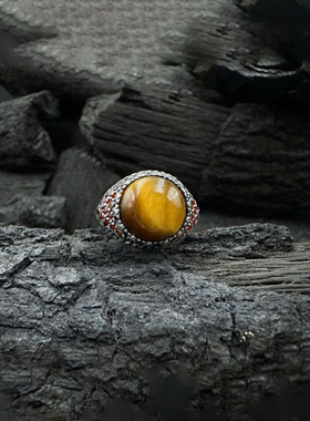 男纯银复古虎眼石锆石戒指镶嵌
