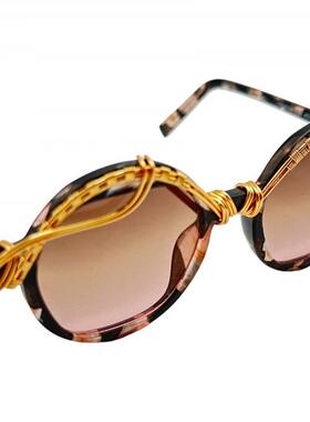 美国代购手作圆形金属丝女士墨镜