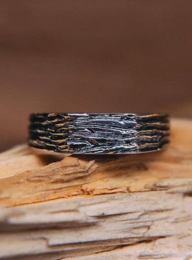 中性纯银复古厚实森林戒指树皮