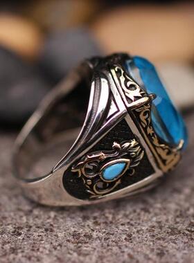 925纯银海蓝宝石镶嵌戒指雕刻