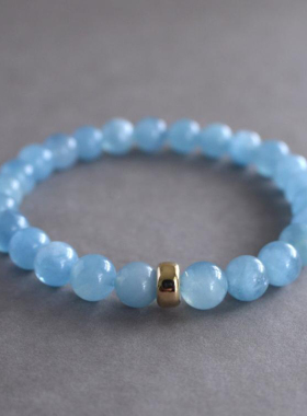 女真正天然海蓝宝石圆形串珠手链