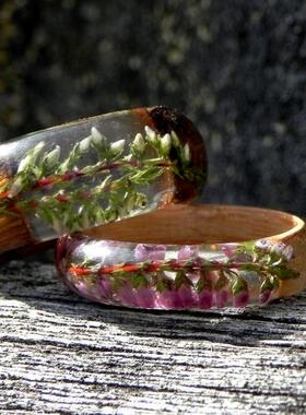 树脂木制粉红花朵石楠花压花戒指