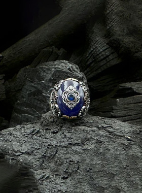 男纯银复古纯银雕刻戒指蓝色锆石