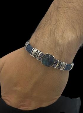 虎眼石镶皮革氧化纯银男士手镯