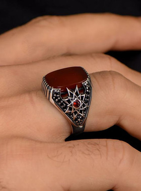 纯银复古红色玛瑙镶嵌戒指宝石