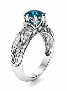 蕾丝华丽天然蓝托帕石订婚戒指