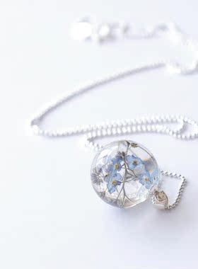 蓝色勿忘我项链纯银毛衣链女树脂