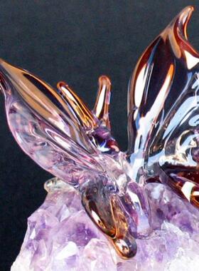 Crystal㊣美国代购 手作迷人硼硅玻璃黄金紫晶洞蝴蝶雕塑家居摆件