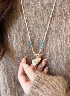 白色四叶草葫芦吊坠珍珠串珠项链女秋冬感毛衣链轻奢小众配饰