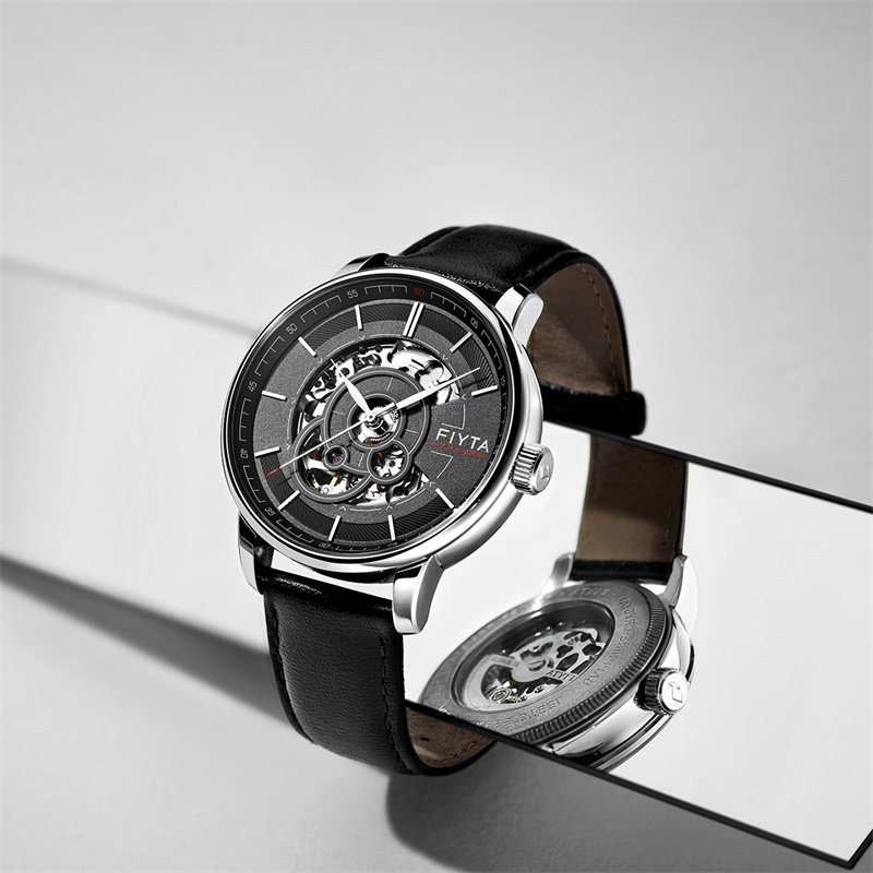 飞亚达摄影师手表男自动机械表潮流酷黑扇形镂空男表皮带腕表
