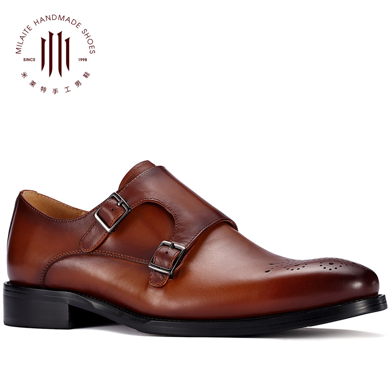 米莱特旗舰店【高档皮质系列】隐形内增高皮鞋孟克鞋布洛克雕花男鞋棕色复古潮2
