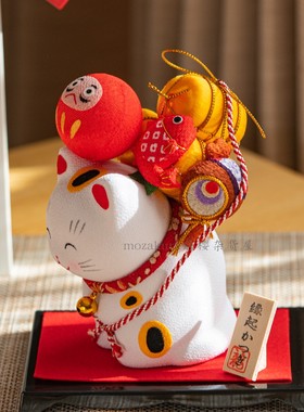 日本制 京都龙虎作手工绢布开运福袋达摩金运招财猫 开业摆件送礼